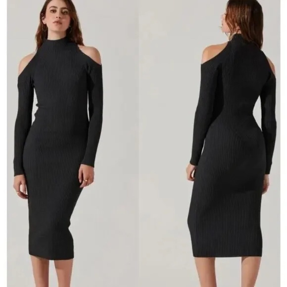 ASTR Ribbed Cold Shoulder Sweater Dress Midi Charcoal Black 45284
